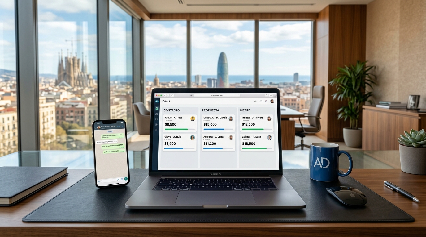 Pipeline de CRM Kanban y sincronización con WhatsApp comercial en MacBook Pro ejecutiva