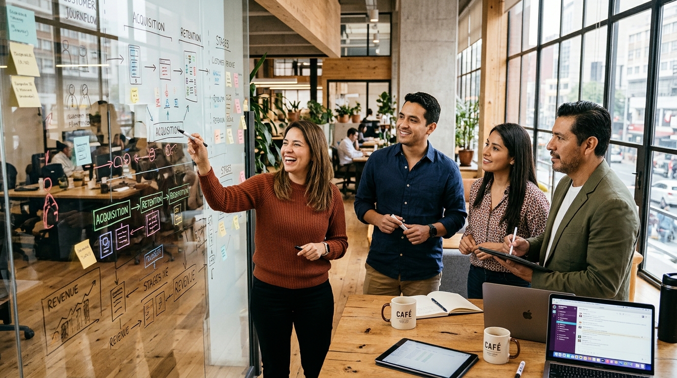 Equipo comercial revisando juntos la trazabilidad y el recorrido de sus clientes